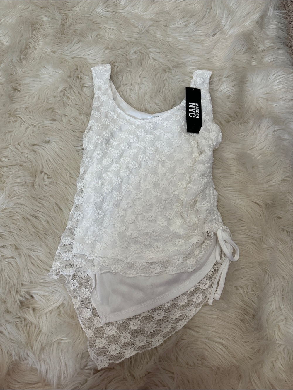 NWT NYC White Floral Lace Side-Tie asymmetrical Tank